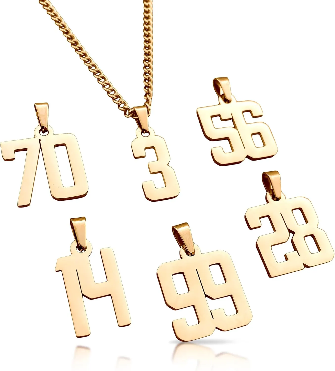 00-99 Number Pendant With Chain Necklace - 14K Gold Plated Stainless Steel