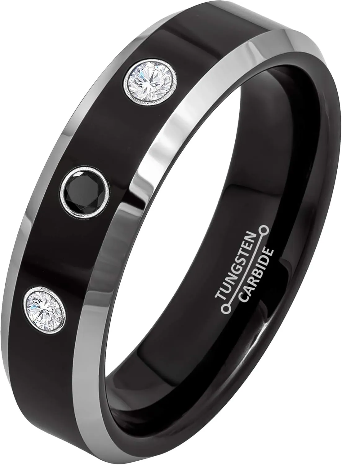 0.21ct Black and White Diamond 3-Stone Tungsten Ring - April Birthstone - 6MM Two-Tone Black-Plated Polished Finish Center Silver Beveled Edge Comfort Fit Unisex Wedding Anniversary Band