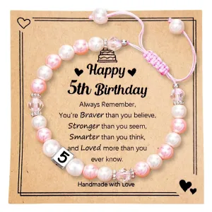 1-5-8 Year Old Girl Birthday Gift, Adjustable Pink White Pearl and Letter Charm Bracelet for Daughter Niece Granddaughter Girls (5th)
