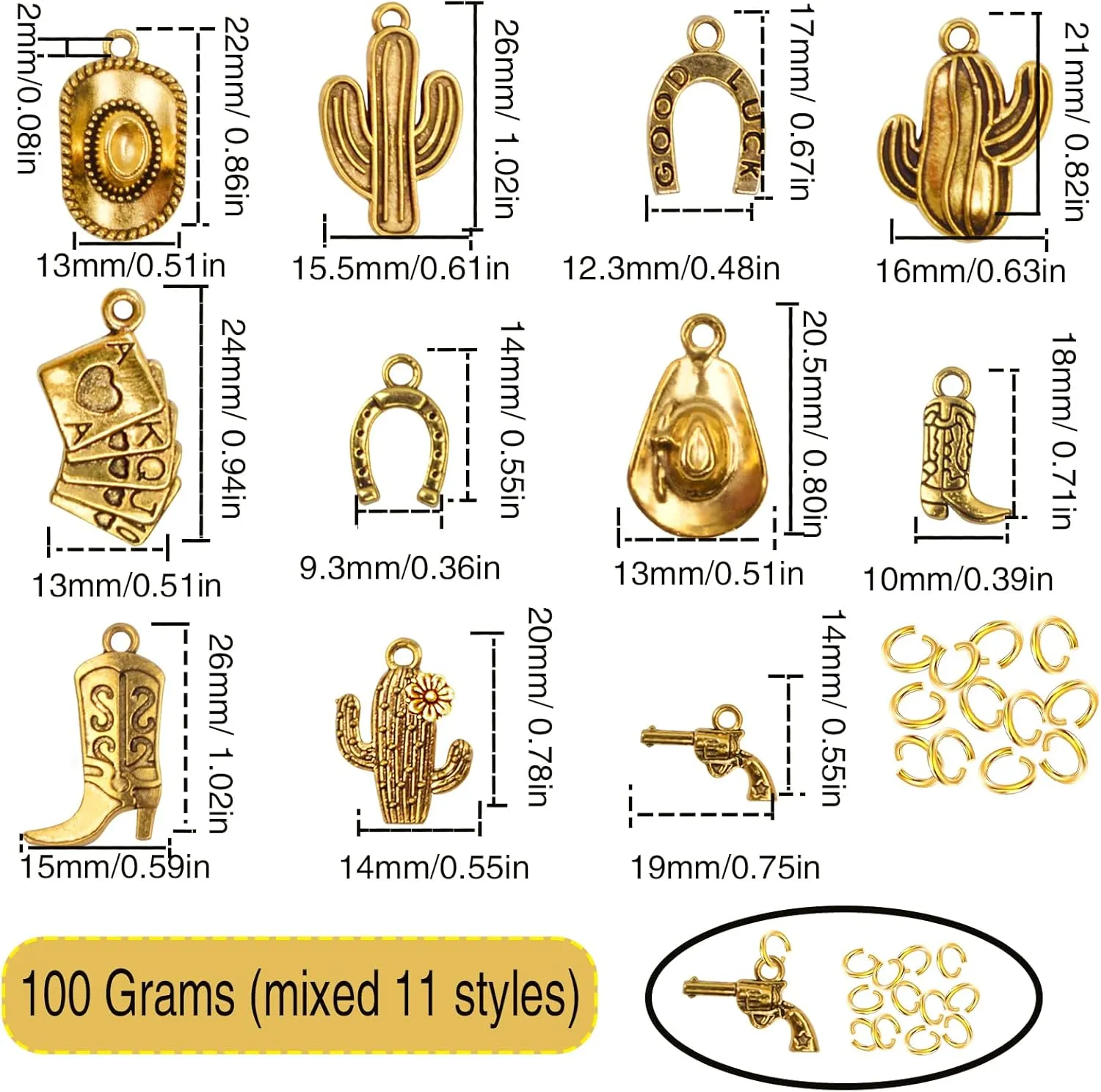 100 Grams Western Cowbo Charms Alloy Antique Golden Cowgiy Boot Hat Cactus Pendants with 80pcs Split Open Rings for DIY Necklace Bracelet Key Chains Crafts, Mixed 11 Styles