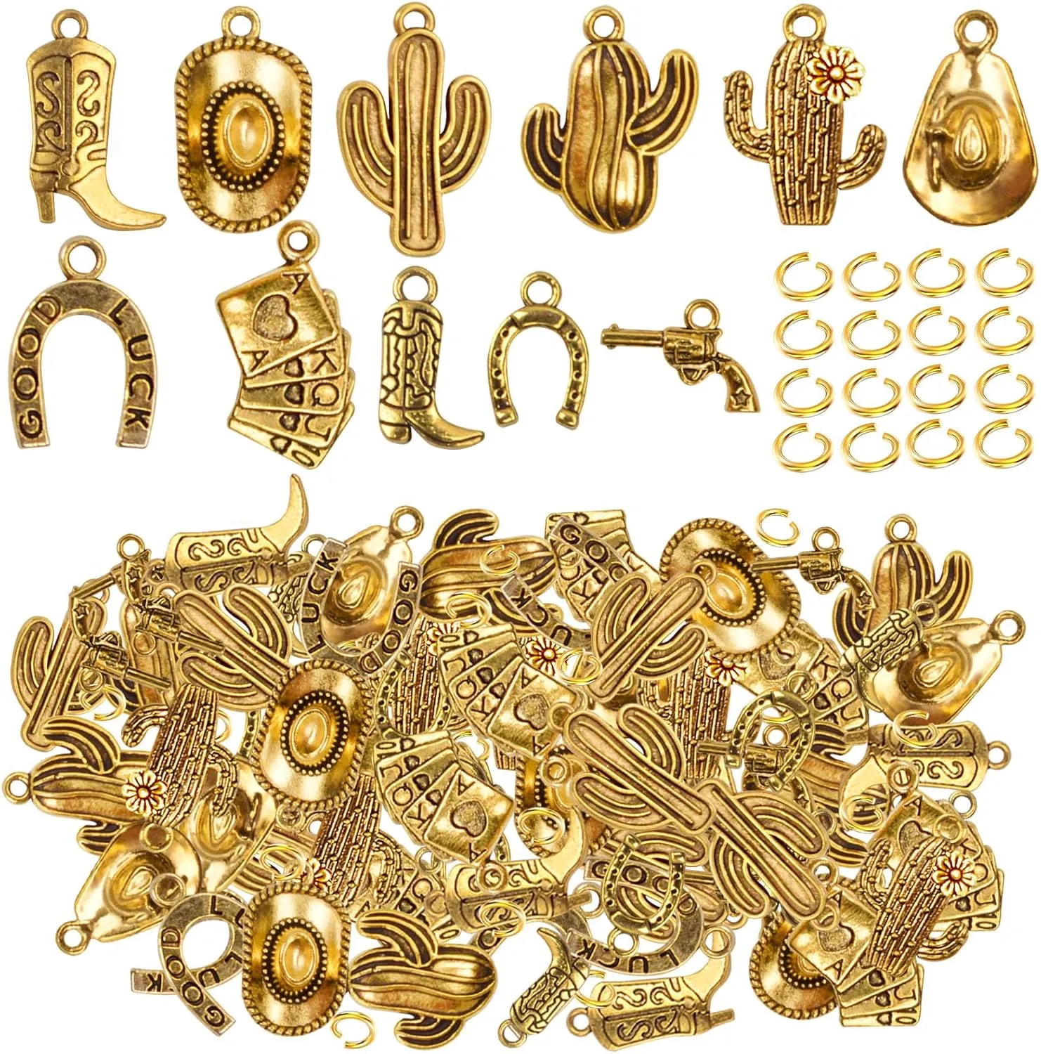 100 Grams Western Cowbo Charms Alloy Antique Golden Cowgiy Boot Hat Cactus Pendants with 80pcs Split Open Rings for DIY Necklace Bracelet Key Chains Crafts, Mixed 11 Styles