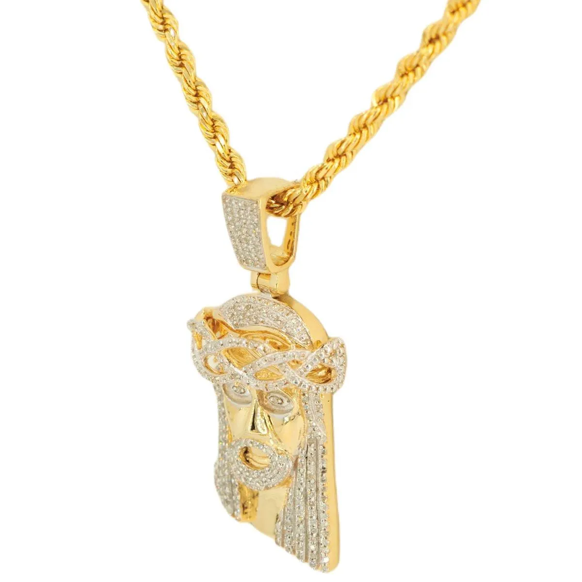 10k Yellow Gold 0.50cttw Jesus Head Pendant and 3mm Solid Rope Chain Bundle 16" 18" 20” 22” 24”