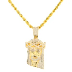 10k Yellow Gold 0.50cttw Jesus Head Pendant and 3mm Solid Rope Chain Bundle 16" 18" 20” 22” 24”