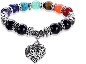 10MM 7 Chakra Religion Healing Balance Stone Beaded Bracelet Yoga Reiki Charm Heart Bracelets