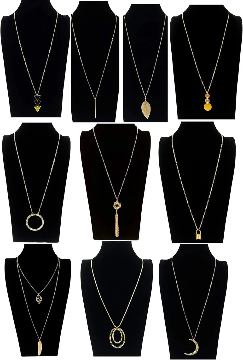 10Pcs Long Pendant Necklace Simple Moon Bar Three Triangle Tassel Lock Sweater Y Shape Punk Chain Choker Necklace for Women Men Gold Silver Tone