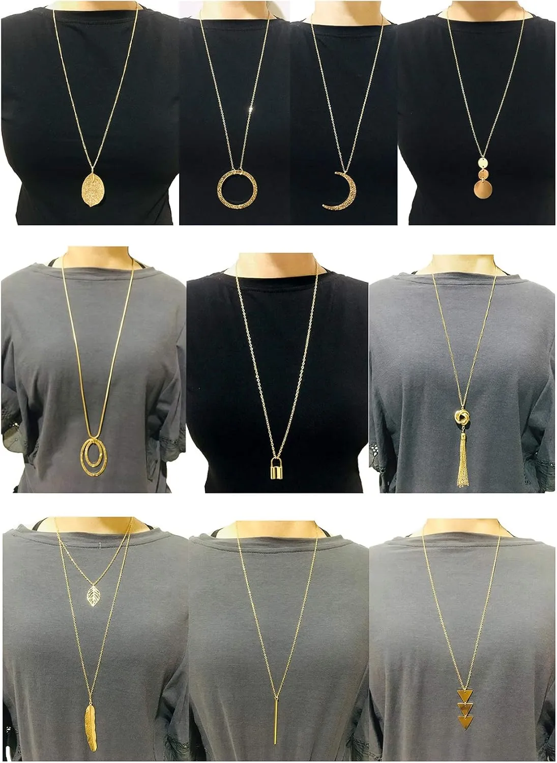 10Pcs Long Pendant Necklace Simple Moon Bar Three Triangle Tassel Lock Sweater Y Shape Punk Chain Choker Necklace for Women Men Gold Silver Tone