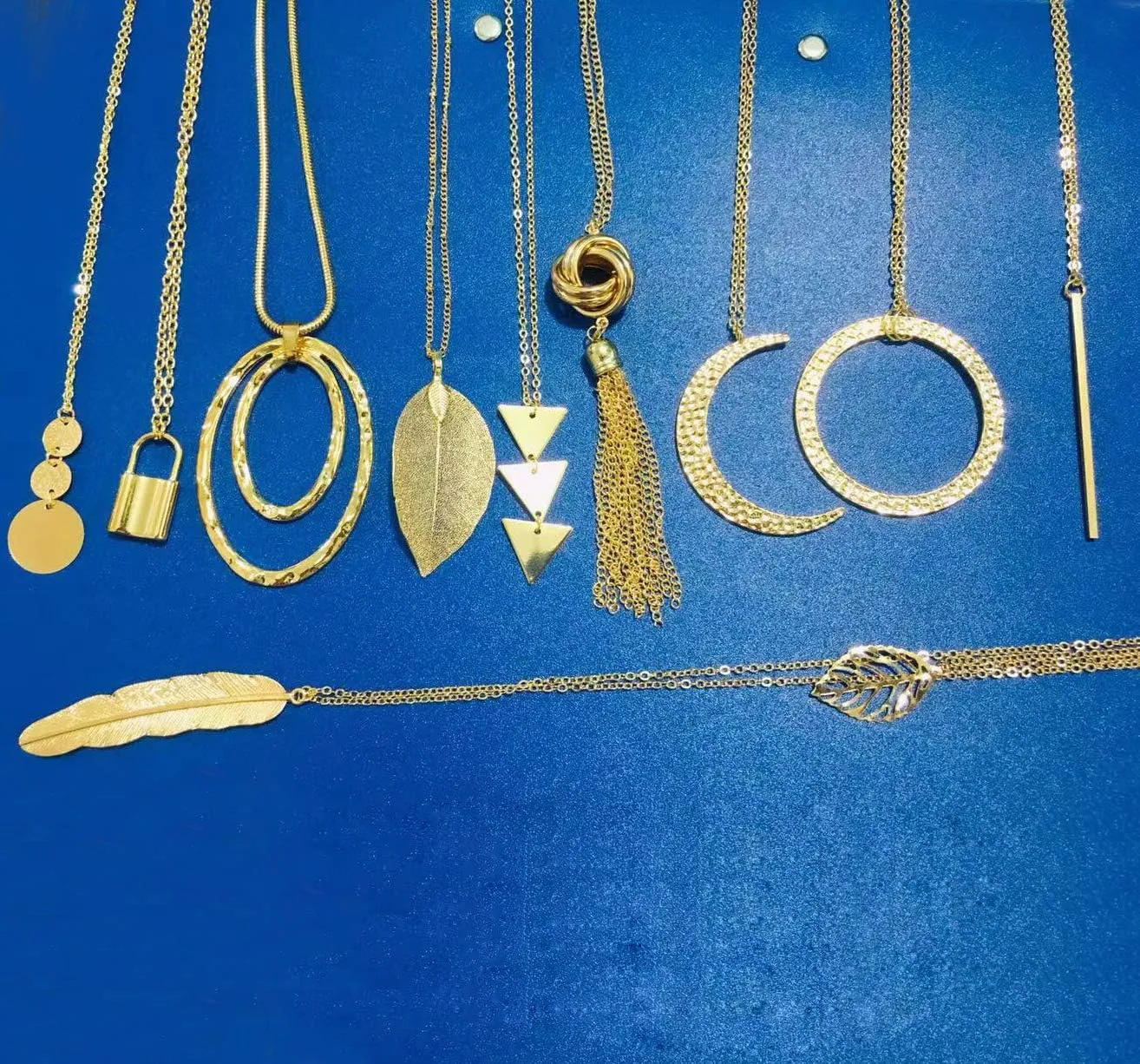 10Pcs Long Pendant Necklace Simple Moon Bar Three Triangle Tassel Lock Sweater Y Shape Punk Chain Choker Necklace for Women Men Gold Silver Tone