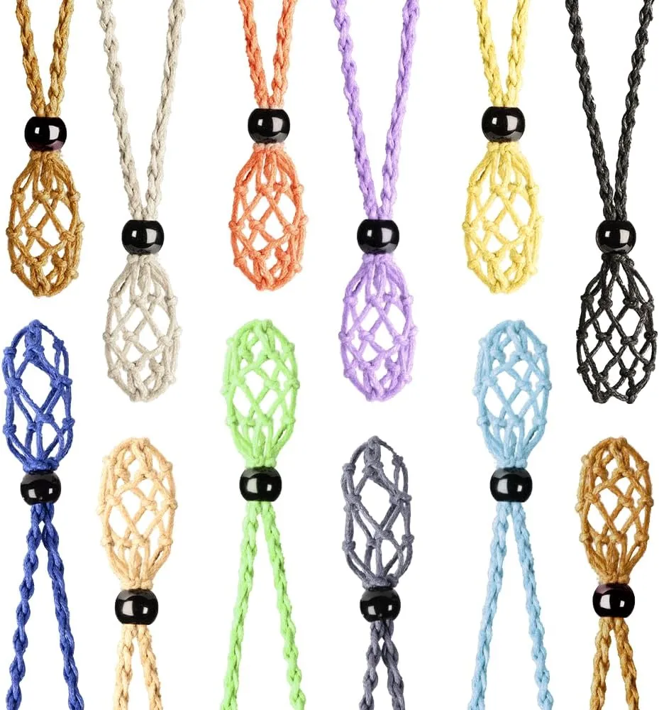12 PCS Crystal Cage Necklace Holder Cord Empty Stone Holder Replacement Hand-Woven Necklace Cord with Adjustable Length