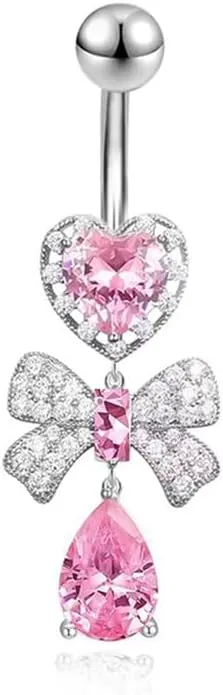 14G 316L Surgical Steel Belly Piercing Jewelry Cute Pink CZ Crystal Bowknot Heart Teardrop Dangle Belly Rings Curved Navel Piercing Studs Barbell Dangling Body Piercing Jewelry