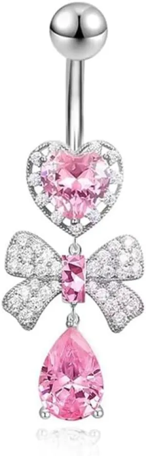 14G 316L Surgical Steel Belly Piercing Jewelry Cute Pink CZ Crystal Bowknot Heart Teardrop Dangle Belly Rings Curved Navel Piercing Studs Barbell Dangling Body Piercing Jewelry
