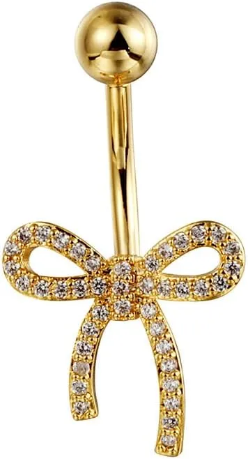 14G Cubic Zirconia Bow Ribbon Belly Button Ring for Women Stainless Steel CZ Crystal Bowknot Navel Rings Curved Barbell Studs Bar Simple Sexy Body Piercing Jewelry Valentine's Day Birthday Gifts