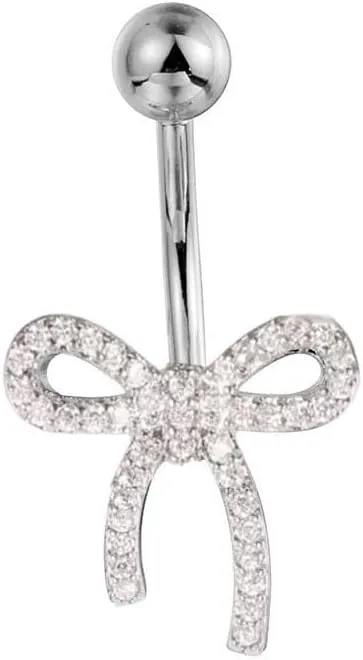 14G Cubic Zirconia Bow Ribbon Belly Button Ring for Women Stainless Steel CZ Crystal Bowknot Navel Rings Curved Barbell Studs Bar Simple Sexy Body Piercing Jewelry Valentine's Day Birthday Gifts