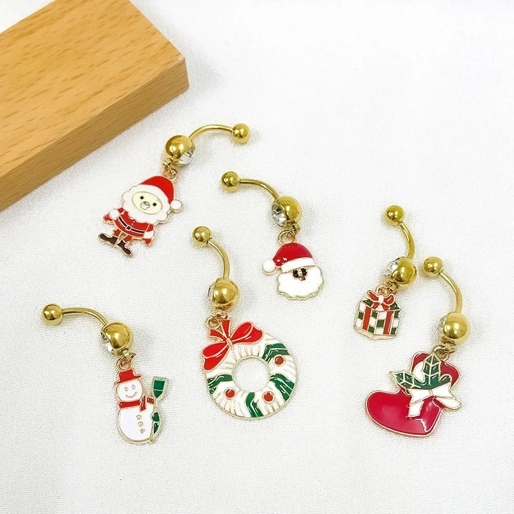 14G Stainless Steel Christmas Belly Button Rings for Women 18K Gold Plated Snowman Santa Claus Garland Dangle Belly Navel Rings Curved Barbells Xmas Body Piercing Jewelry