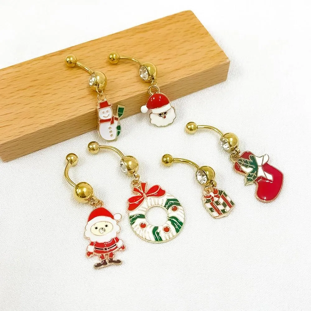 14G Stainless Steel Christmas Belly Button Rings for Women 18K Gold Plated Snowman Santa Claus Garland Dangle Belly Navel Rings Curved Barbells Xmas Body Piercing Jewelry