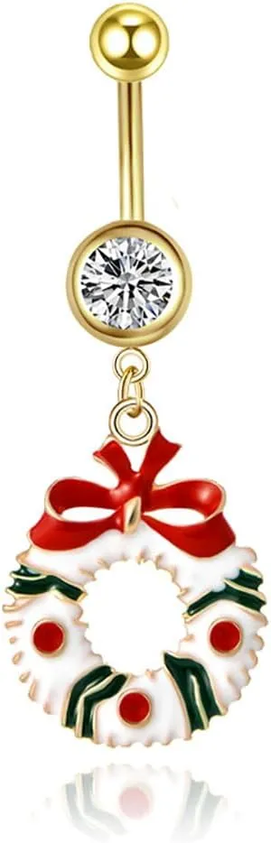 14G Stainless Steel Christmas Belly Button Rings for Women 18K Gold Plated Snowman Santa Claus Garland Dangle Belly Navel Rings Curved Barbells Xmas Body Piercing Jewelry