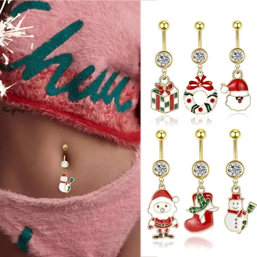 14G Stainless Steel Christmas Belly Button Rings for Women 18K Gold Plated Snowman Santa Claus Garland Dangle Belly Navel Rings Curved Barbells Xmas Body Piercing Jewelry