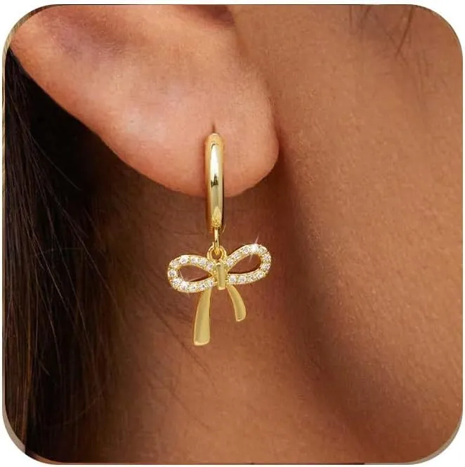 14k Gold Bow Earrings for Women - Hypoallergenic Dainty Hoop Earrings, Trendy Cute Bow Jewelry Gift for Her (Small Gold Hoops, Bow Accessories)