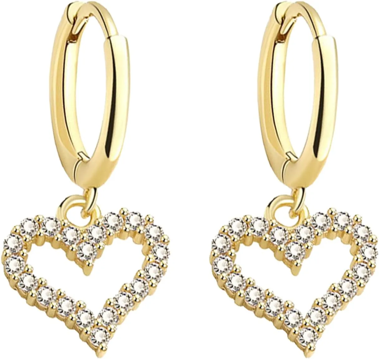 14K Gold Plated Hoop Earrings for Women Crystal Bling Heart Dangling Earring Cubic Zirconia Rhinestone Huggie Earrings Lightweight Dainty Jewelry Gifts Drop Dangle Earrings with Heart Charm for Mother's Day Gifts Birthday Gift