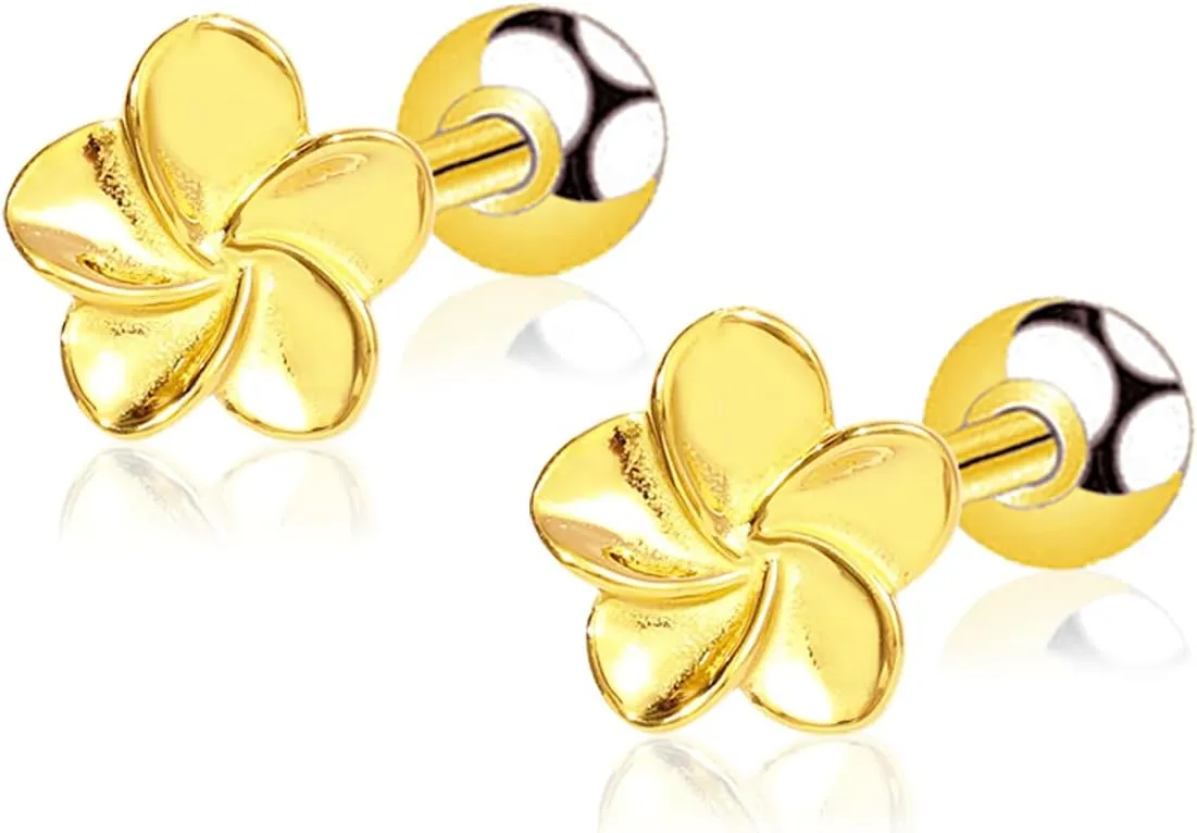 14k Gold Plated Hypoallergenic Flower Screw Back Cartilage Silver Helix Piercing Jewelry 16G Tragus Earrings for Women Teen Tiny Mini - Stud, Polished Brass, White Gold - Flat Back