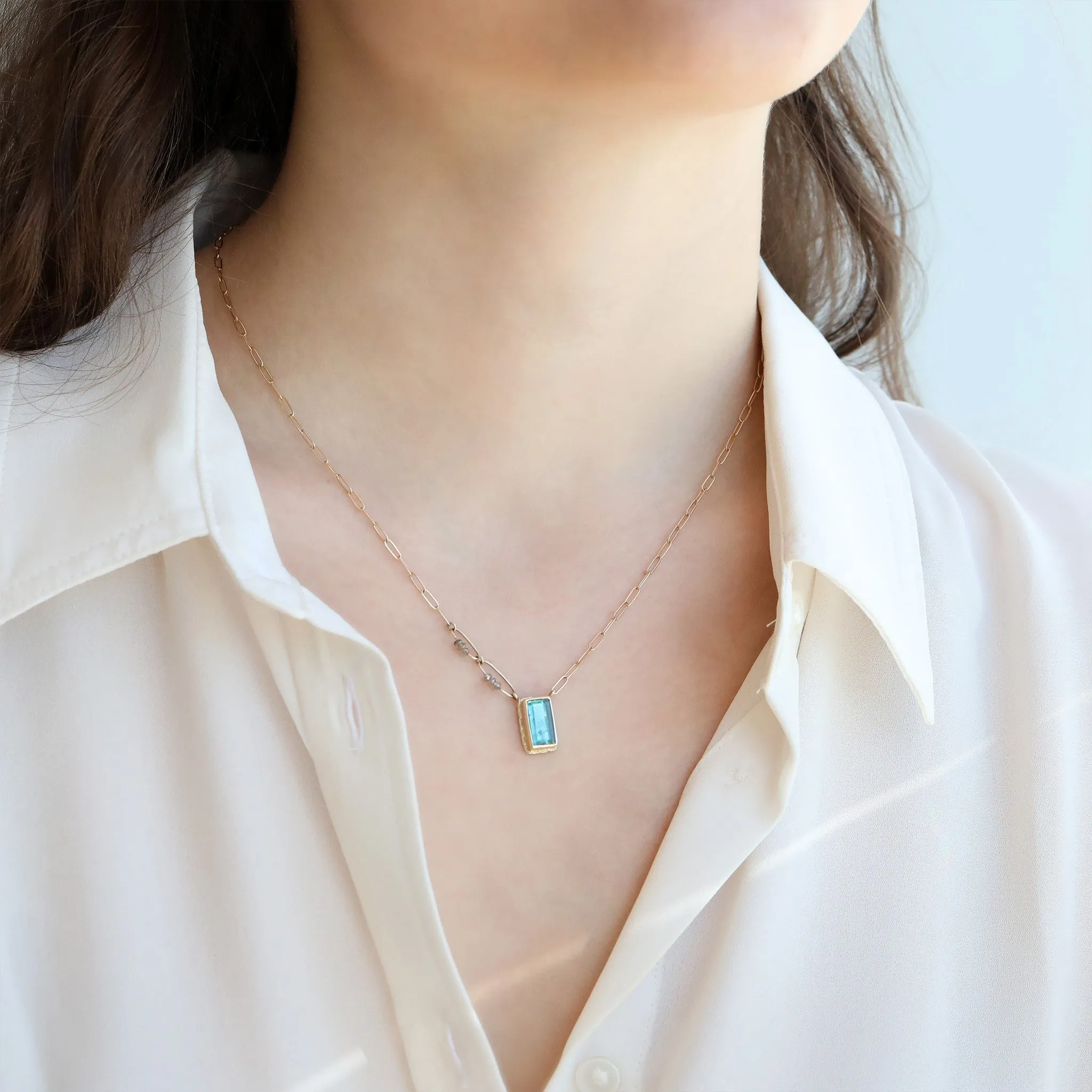 14K Gold Rectangular Indicolite Necklace with Diamonds