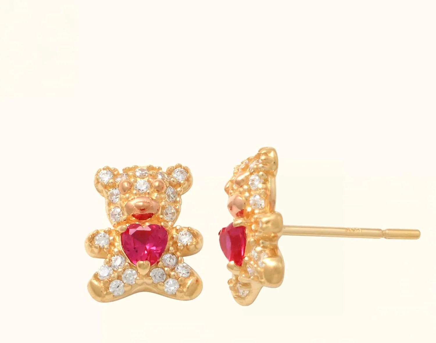 14k Real Solid Gold Teddy Bear Earrings - Flawless Stud Earrings for Multiple Piercings - Adorned With Pink & Ruby Stone - Perfect for Minimalist Design - Sold as a Pair