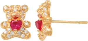14k Real Solid Gold Teddy Bear Earrings - Flawless Stud Earrings for Multiple Piercings - Adorned With Pink & Ruby Stone - Perfect for Minimalist Design - Sold as a Pair