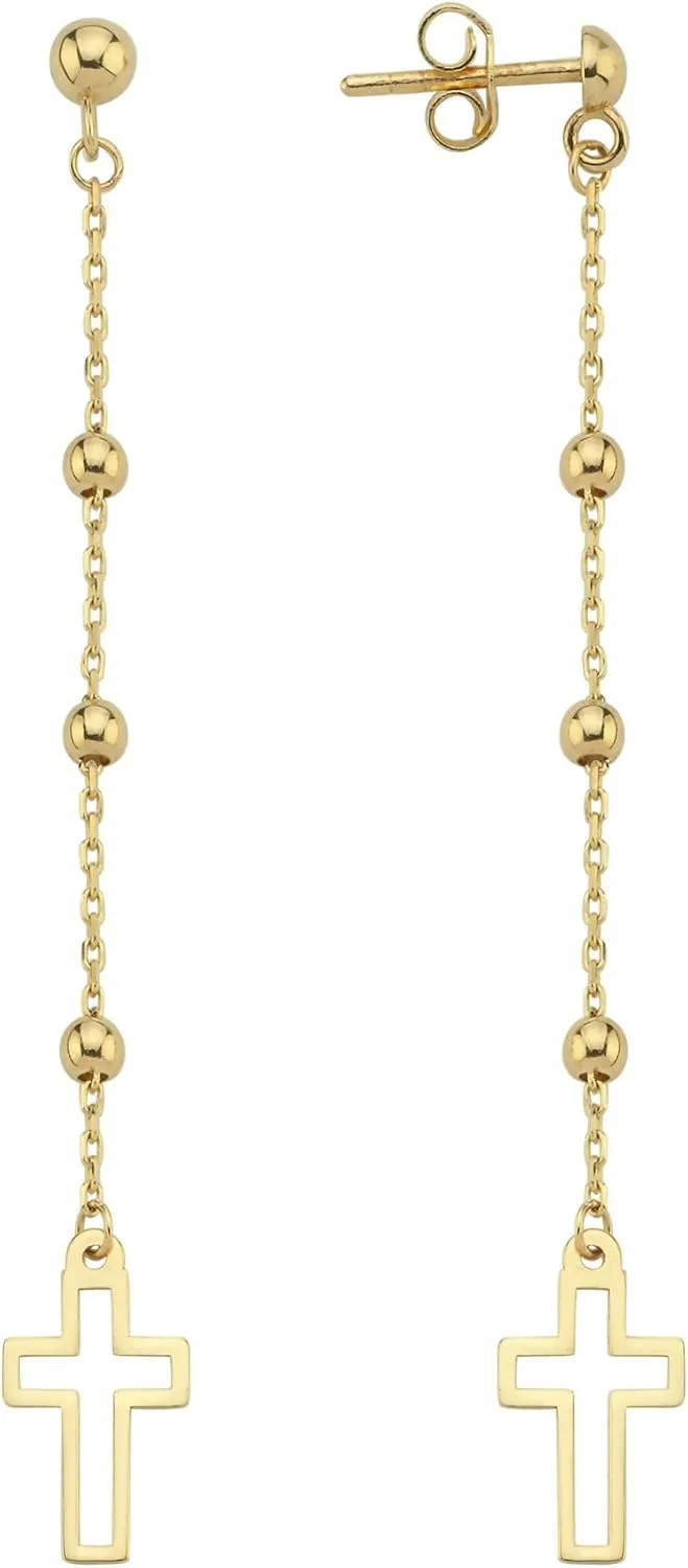 14K Solid Gold or Gold Plated Cross Stud Earrings for Women, Dainty Drop Chain Dangle Earrings, Religious Jewelry Gift for Her