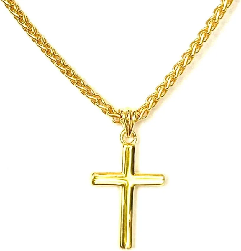 14K Solid Gold Small Cross Pendant with 2mm Wheat Chain Timeless Elegance for Men, Women, and Teens (20")