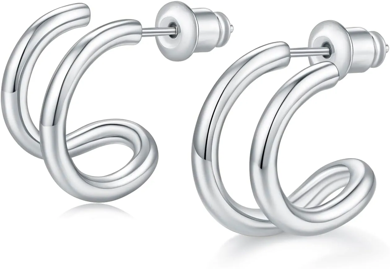 14K White/Yellow Gold Plated 925 Sterling Silver Post| Double Hoop Earrings for Women| Dainty Huggie Hoops| Split Hoop Earrings| Double Huggie| 15mm Diameter
