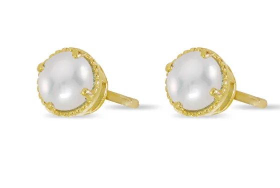 14K Yellow Gold 4mm Pearl Milgrain Stud Earrings