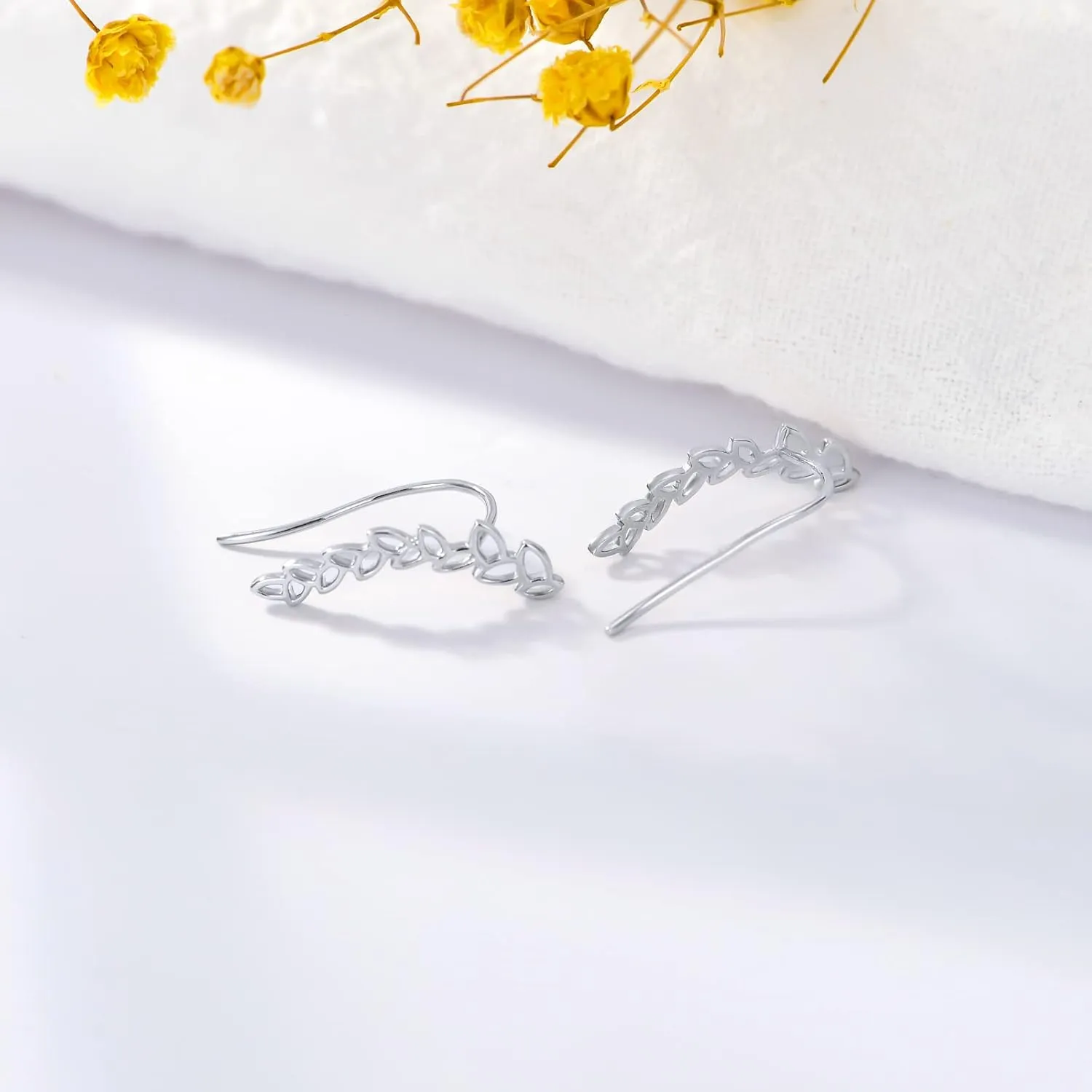 14k Yellow Gold Ear Climber Earrings for Women, Real Gold Leaf Studs Crawler Earrings Cuff, Jewelry Gifts for Her