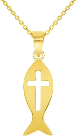 14k Yellow Gold Ichthus Cut-Out Cross Charm Christian Fish Symbol Pendant Cable, Curb, or Figaro Chain Necklaces