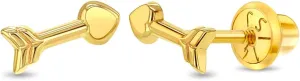 14k Yellow Gold Love Heart Arrows Safety Screw Back Earrings For Little Girls and Preteens - Charming Heart Arrows For Little Girls - Heart Themed Jewelry For Children