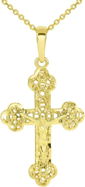 14k Yellow Gold Textured Filigree Eastern Orthodox Cross 3D Jesus Crucifix Pendant - Available with Rolo, Curb, or Figaro Chain Necklaces