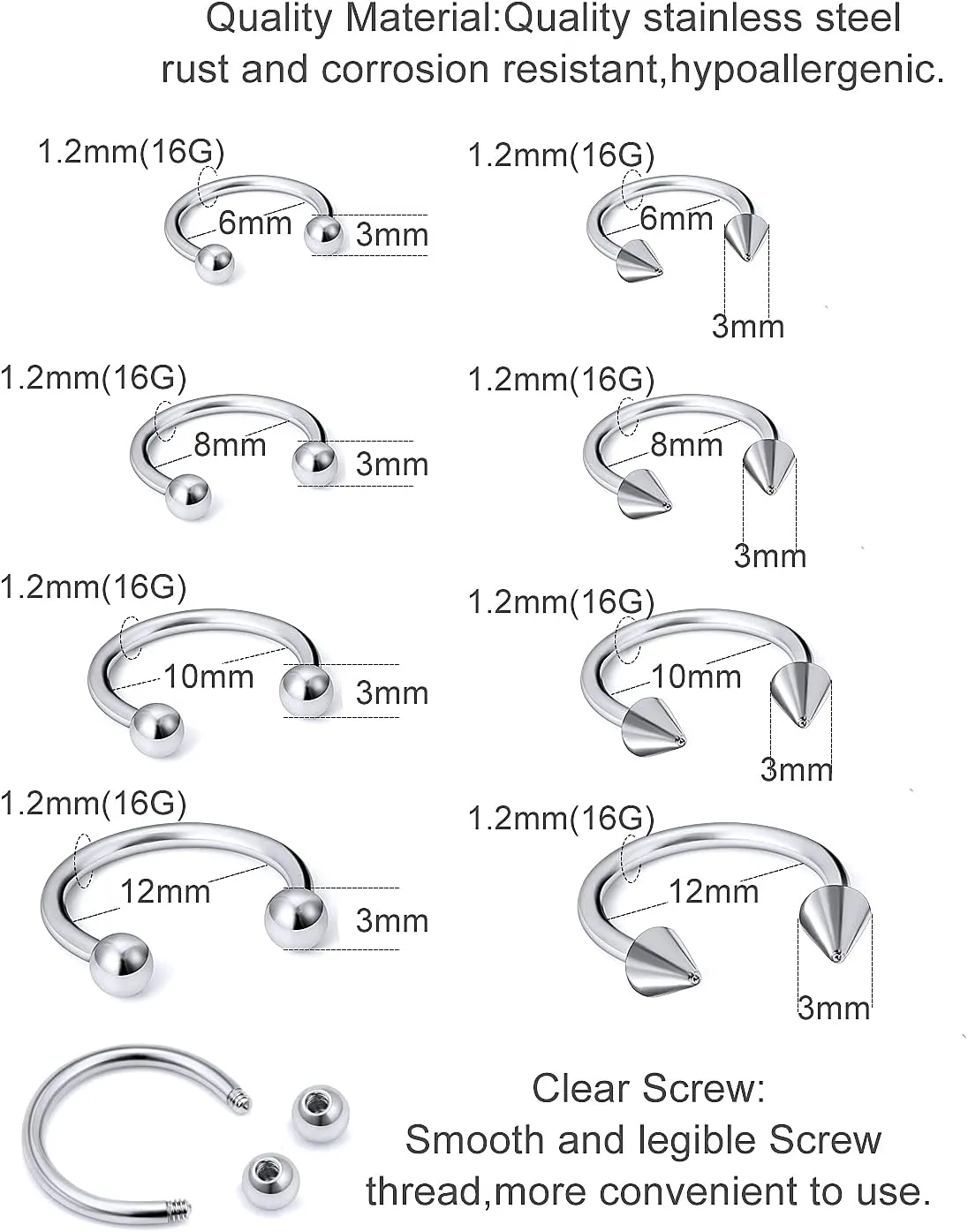 16G Surgical Steel Nose Septum Horseshoe Hoop Earring Eyebrow Tragus Helix Lip Rings Piercing Jewelry