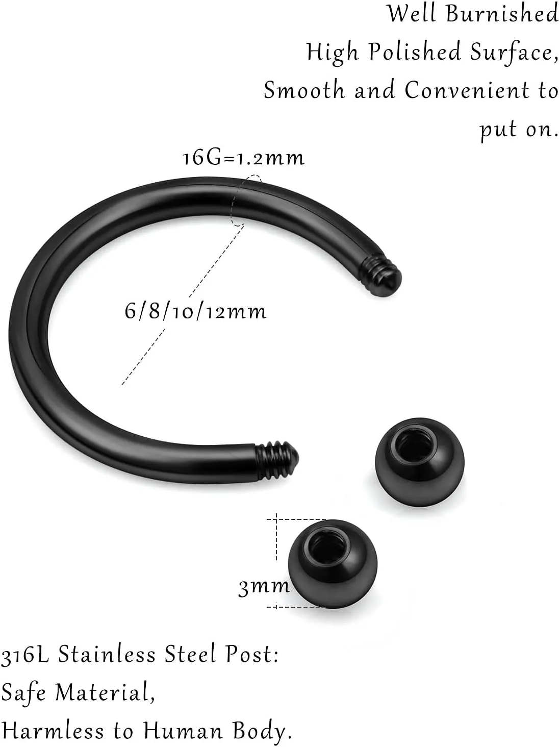 16G Surgical Steel Nose Septum Horseshoe Hoop Earring Eyebrow Tragus Helix Lip Rings Piercing Jewelry