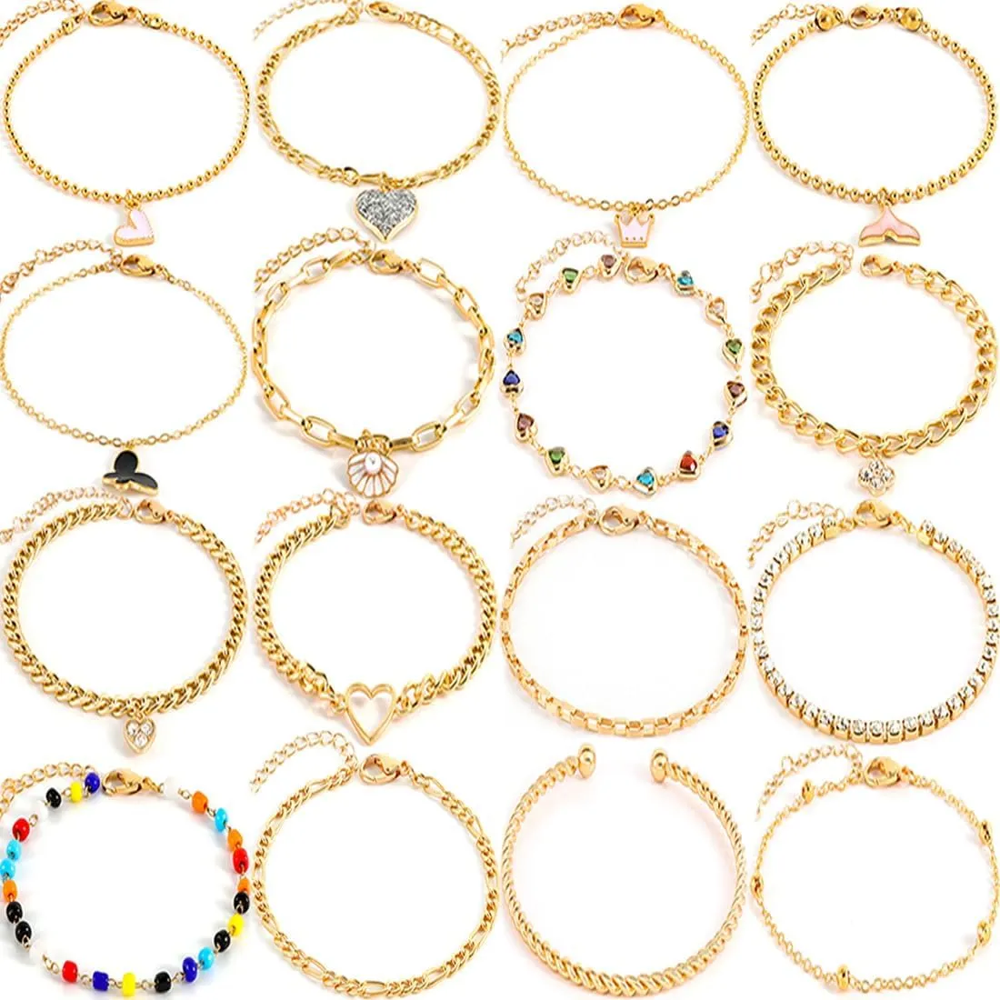 17Pcs Anklet Bracelets for Women Gold Silver Adjustable Size Modern Chain Beach Jewelry Anklet Set