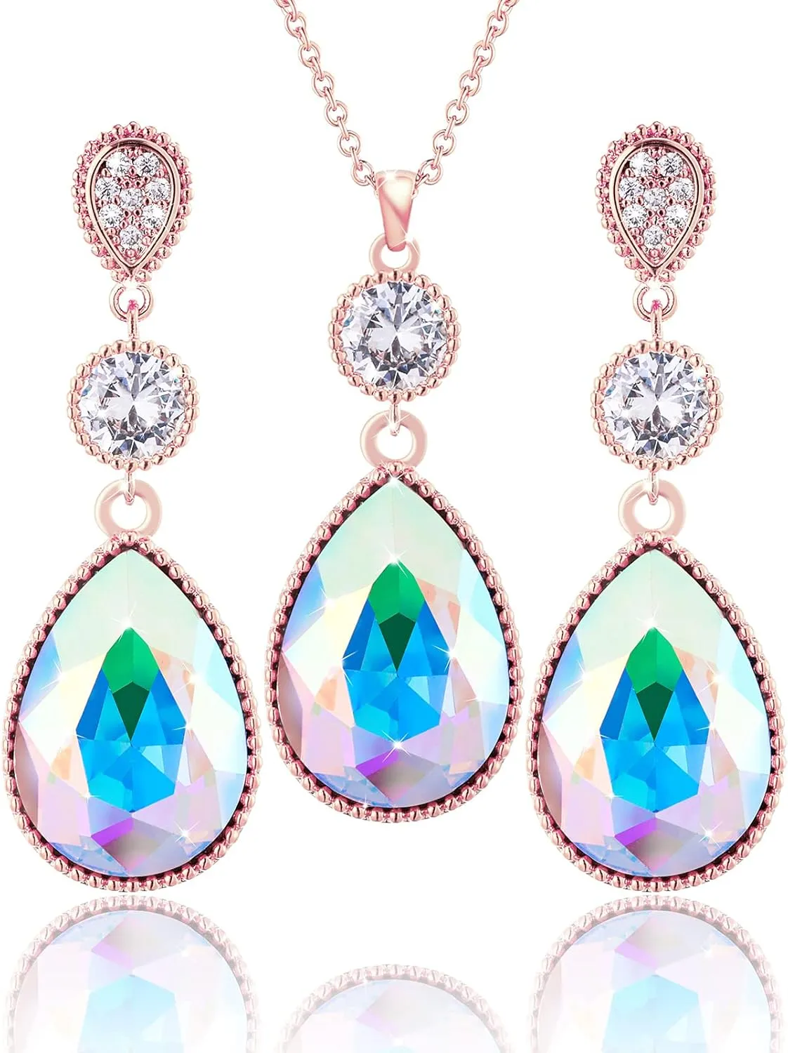 18 * 13MM Big Teardrop Crystal Pendant Dangle Necklaces and Earrings Jewelry Sets for Women Glod Plated