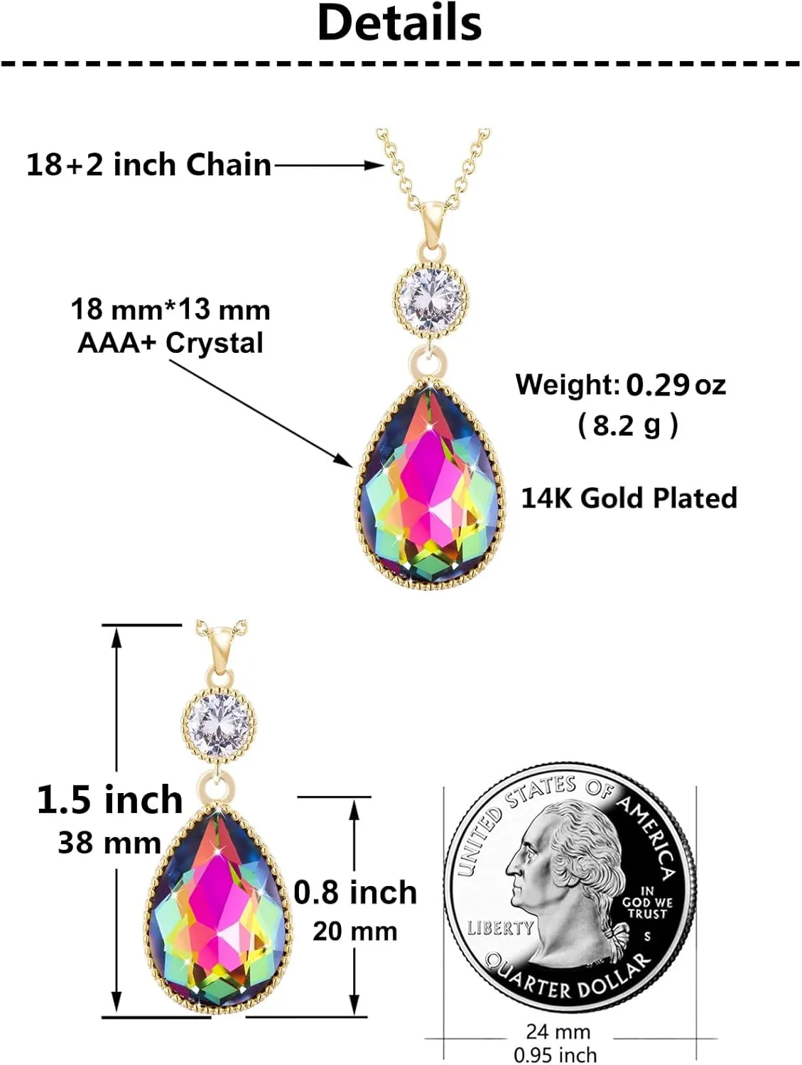 18 * 13MM Big Teardrop Crystal Pendant Dangle Necklaces and Earrings Jewelry Sets for Women Glod Plated