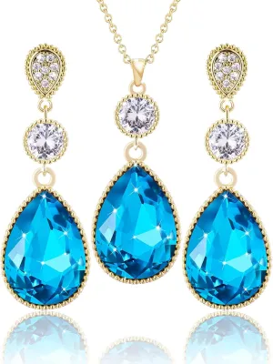 18 * 13MM Big Teardrop Crystal Pendant Dangle Necklaces and Earrings Jewelry Sets for Women Glod Plated