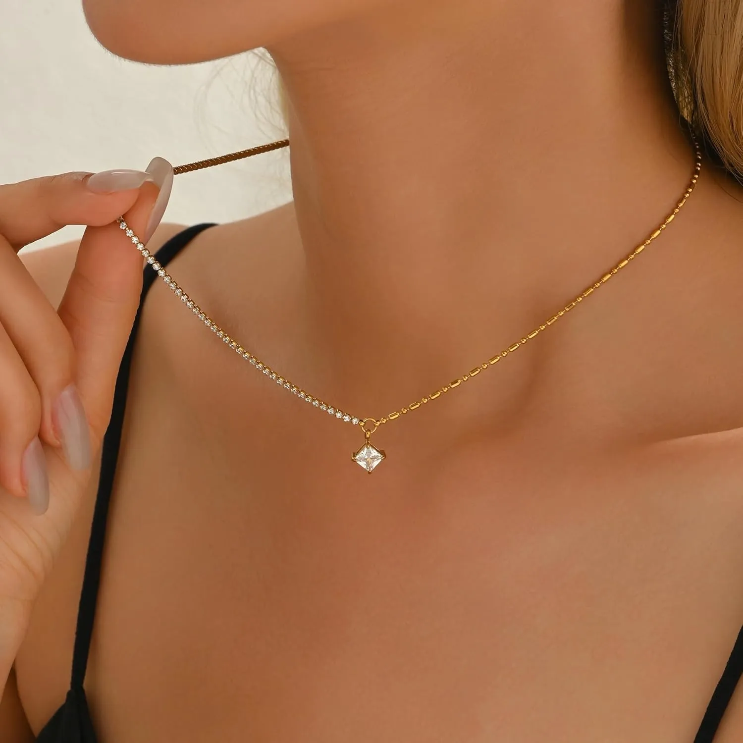 18K Gold Plated 3mm Tennis Necklaces for Women Dainty Simulated Diamond Tennis Choker Chain Layered CZ Flower Pendant Necklace Bridal Jewelry Gift