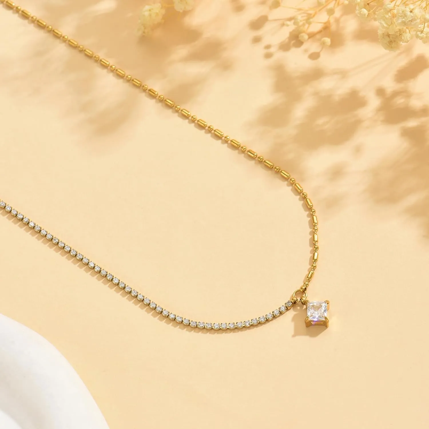 18K Gold Plated 3mm Tennis Necklaces for Women Dainty Simulated Diamond Tennis Choker Chain Layered CZ Flower Pendant Necklace Bridal Jewelry Gift