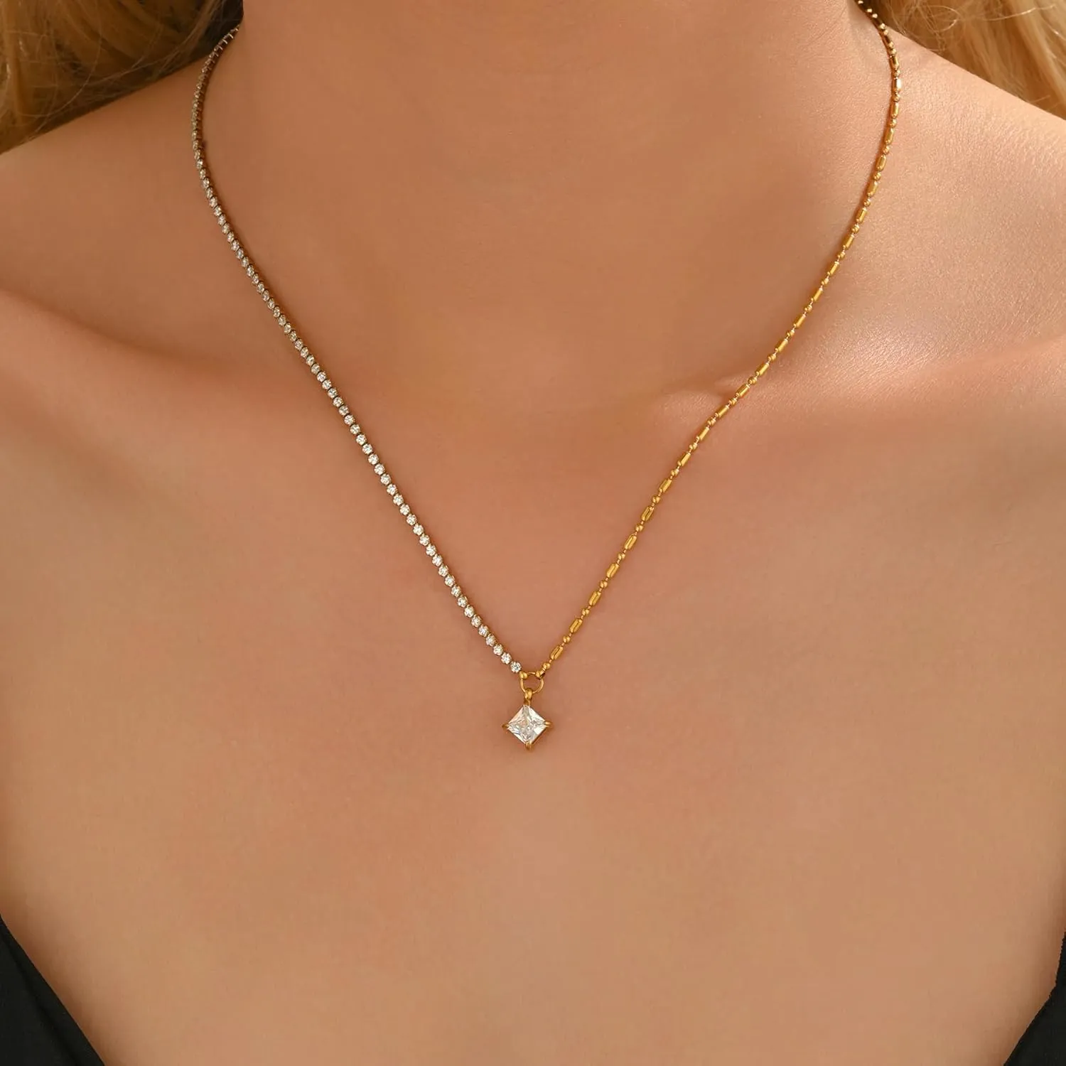 18K Gold Plated 3mm Tennis Necklaces for Women Dainty Simulated Diamond Tennis Choker Chain Layered CZ Flower Pendant Necklace Bridal Jewelry Gift