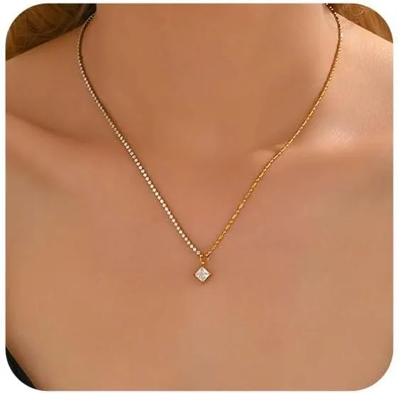 18K Gold Plated 3mm Tennis Necklaces for Women Dainty Simulated Diamond Tennis Choker Chain Layered CZ Flower Pendant Necklace Bridal Jewelry Gift