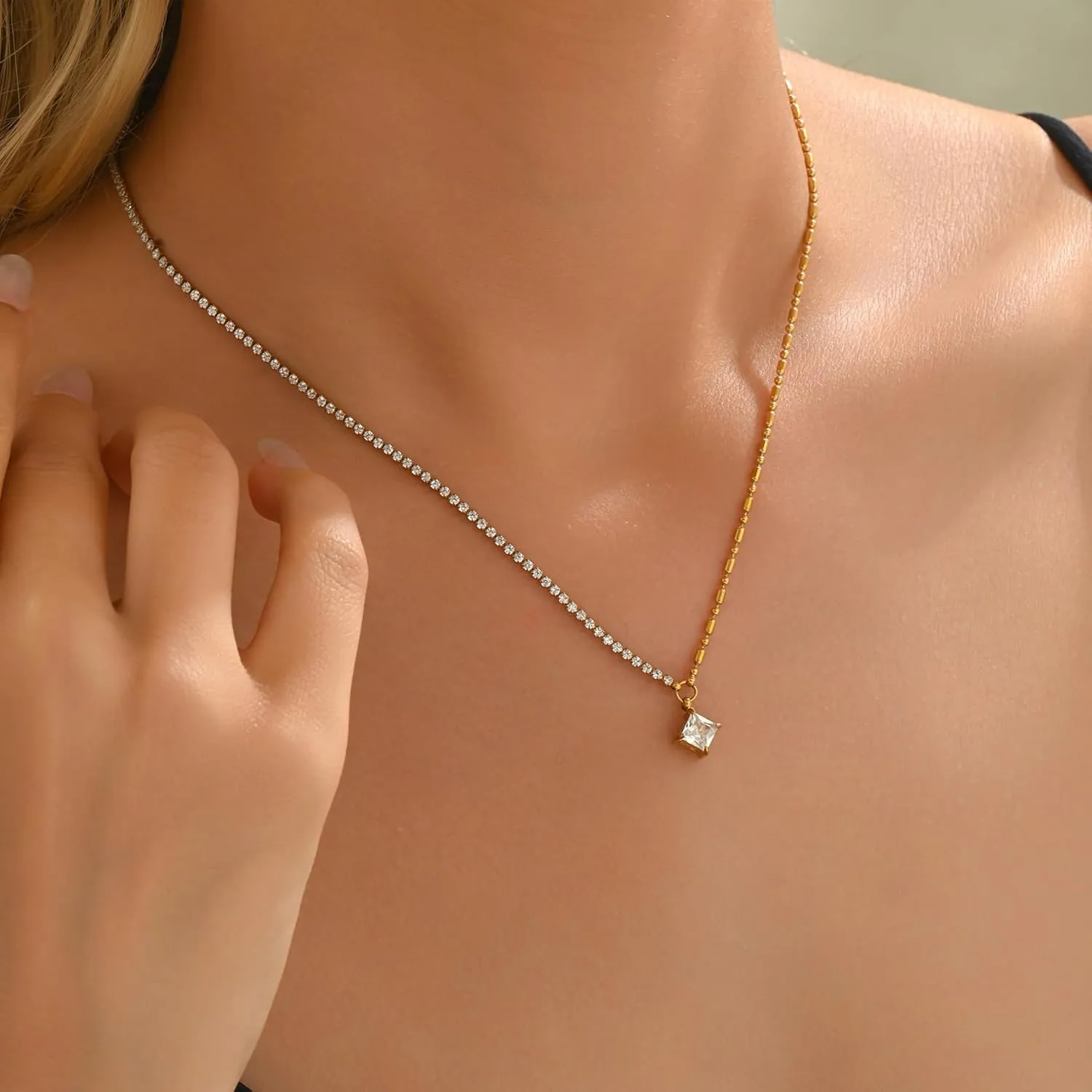 18K Gold Plated 3mm Tennis Necklaces for Women Dainty Simulated Diamond Tennis Choker Chain Layered CZ Flower Pendant Necklace Bridal Jewelry Gift