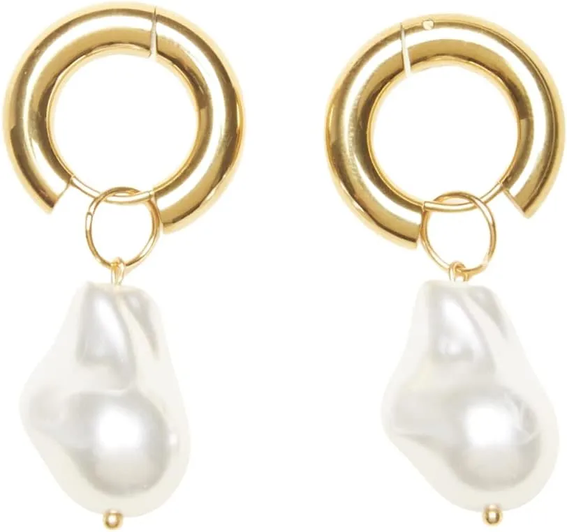 18K Gold Plated Faux Pearl Earrings, Hoop Earrings, Vintage Styled Victoria Baroque Pearl Earrings, Never Tarnish and Hypoallergenic