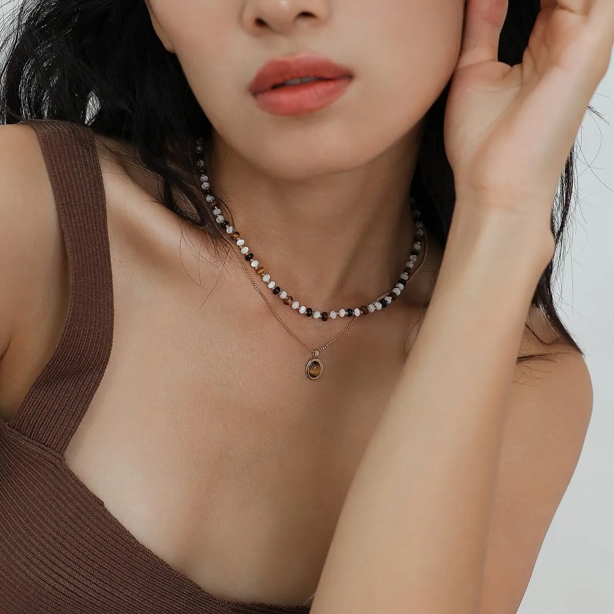 18K Gold Plated Gemstone Women Pendant Necklace Dainty Link Chain Necklaces for Women Ruby Amber Gemstone Pendants