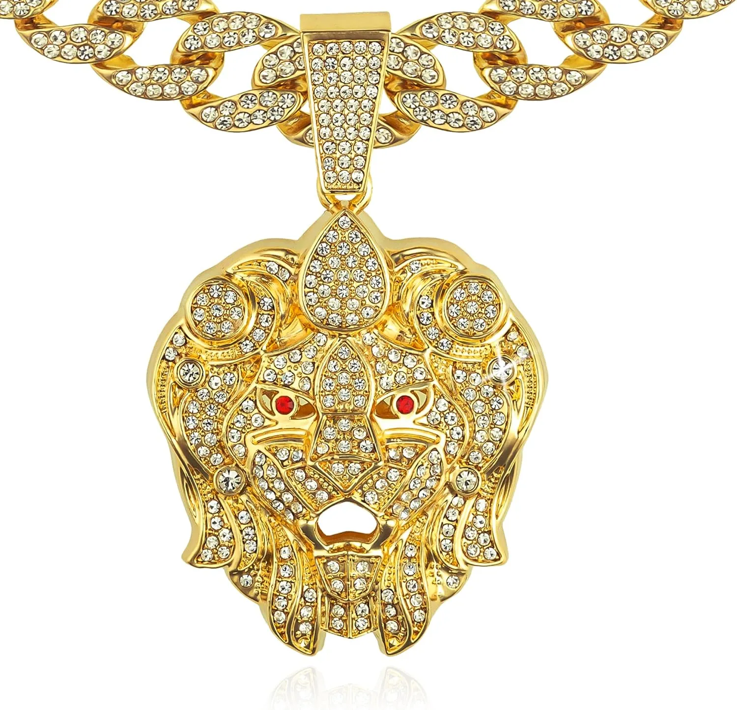 18K Gold Silver Plated Cool Punk Style Large Roar Lion Tiger Head Pendant with Iced Bling Out 5A  Cubic Zirconia, Layered Heavy 16MM Cuban Link Necklace Chain, 18 Inch Lab Diamond Cut Jewelry Gift for Men