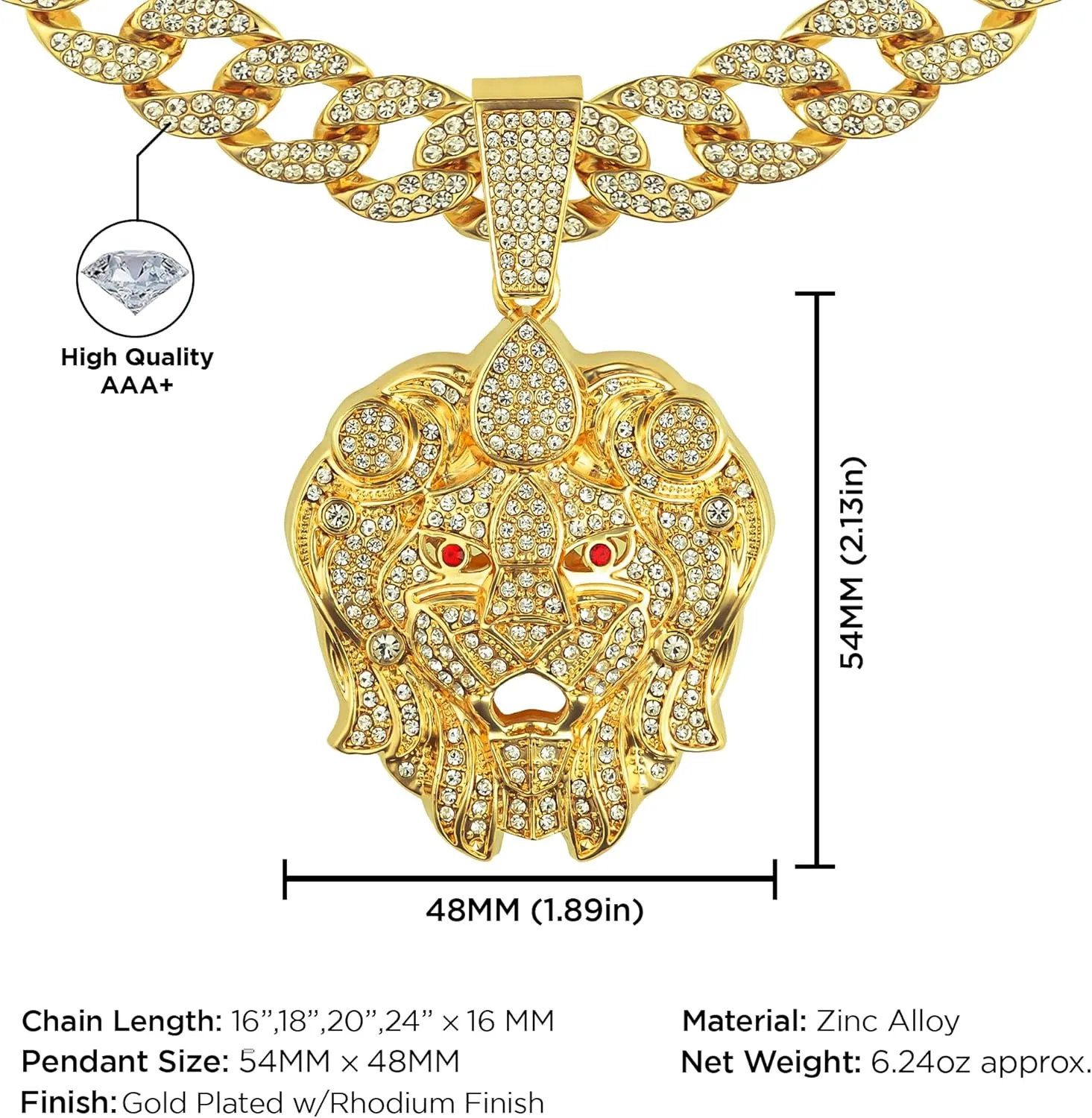 18K Gold Silver Plated Cool Punk Style Large Roar Lion Tiger Head Pendant with Iced Bling Out 5A  Cubic Zirconia, Layered Heavy 16MM Cuban Link Necklace Chain, 18 Inch Lab Diamond Cut Jewelry Gift for Men