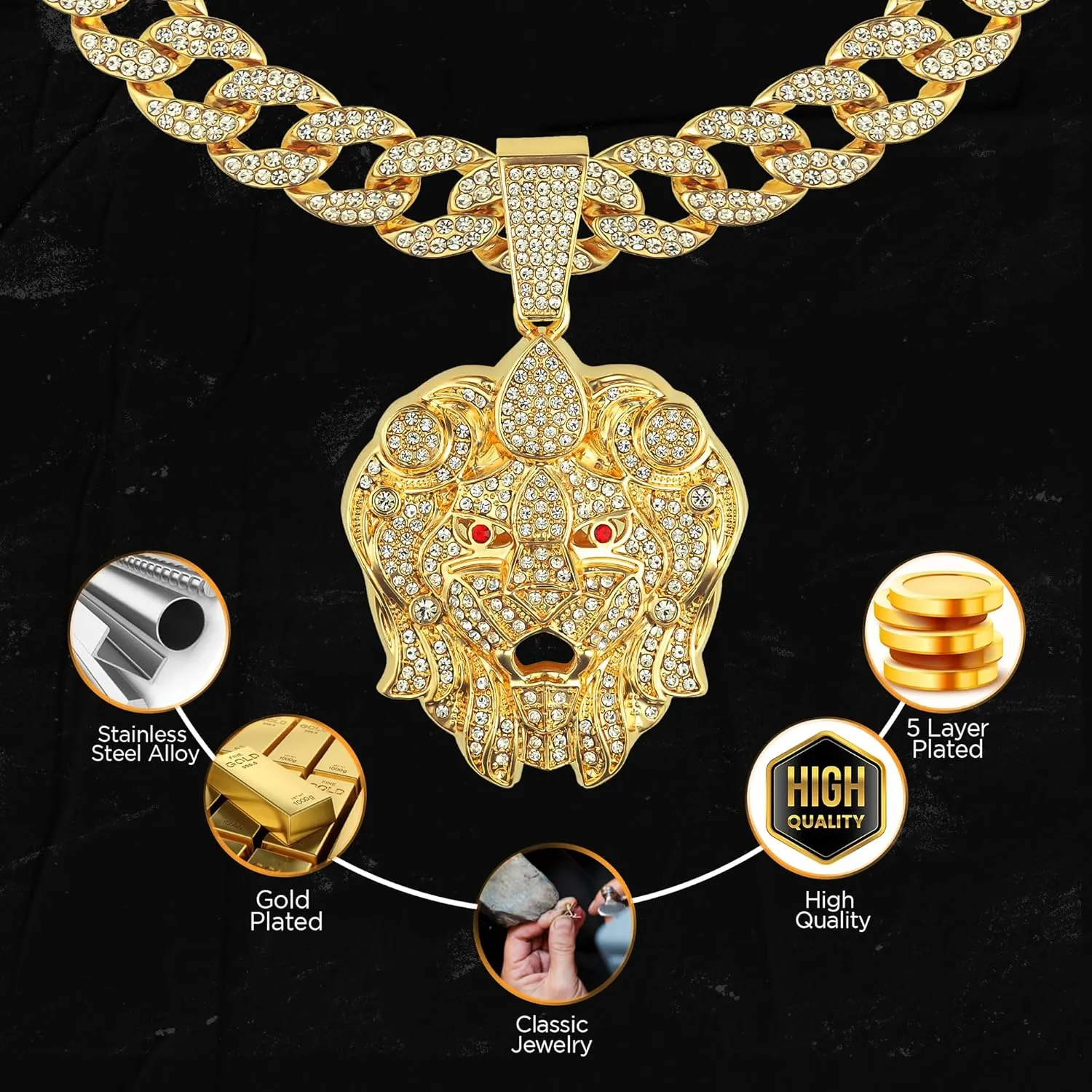 18K Gold Silver Plated Cool Punk Style Large Roar Lion Tiger Head Pendant with Iced Bling Out 5A  Cubic Zirconia, Layered Heavy 16MM Cuban Link Necklace Chain, 18 Inch Lab Diamond Cut Jewelry Gift for Men